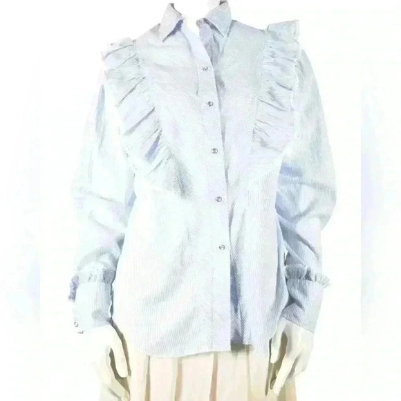 1980s MISS RODEO AMERICA Blue Striped Ruffled Bib Front  Western Shirt L USA - Picture 1 of 8
